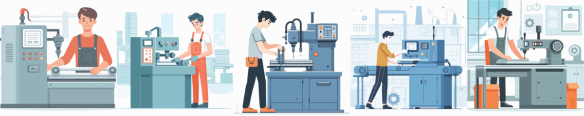 Vector of a young man working on a factory machine.