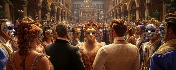 A grand masquerade scene with elegantly dressed guests wearing ornate masks, set in an opulent hall filled with intricate decorations and vibrant colors.