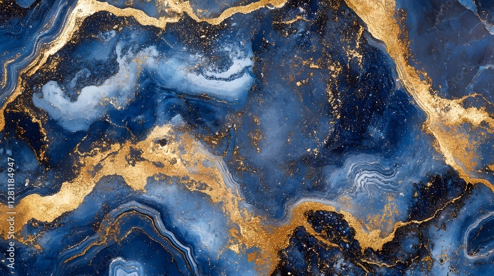 Leinwandbilder Captivating abstract marble texture with dynamic swirling patterns in shimmering golden hues and vivid blue accents creating a mesmerizing and elegant visual effect