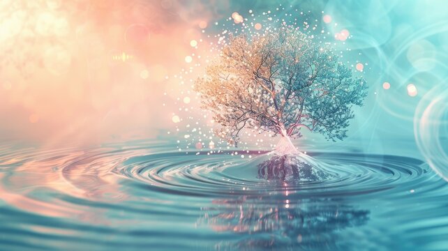 Enchanted tree on water with surreal dreamy lights and reflections