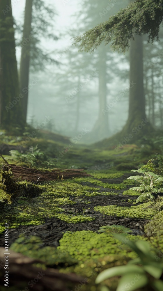 Poster a tranquil pathway meanders through a fog-laden forest, where tall trees stand sentinel over a vibra