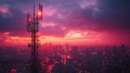 Telecommunication tower at sunset over a cityscape during a rain shower.