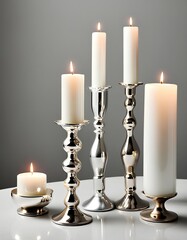 Elegant white pillar candles, polished silver and brass candlesticks, varying heights, warm glowing flames, minimalist arrangement, soft gray background, studio lighting