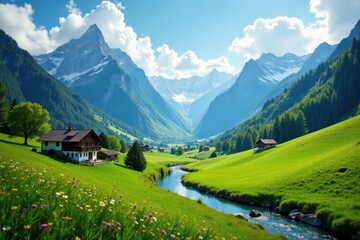 Fototapeta premium Serene Mountain Valley Landscape Featuring Lush Green Meadows, Winding River, and Picturesque Houses