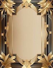 Art Deco frame, golden leaves, metallic gold accents, geometric black stripes, beige textured background, symmetrical design, ornate border