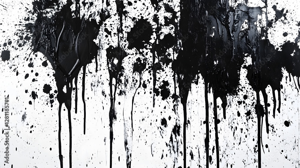 Poster captivating abstract monochrome artwork featuring dramatic splashes of black paint dripping textures