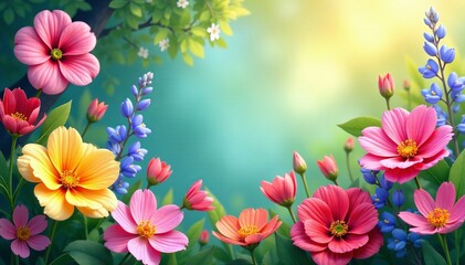 Obraz premium Border of vibrant spring flowers in full bloom, perfect for greeting cards or banners, flowers, full bloom