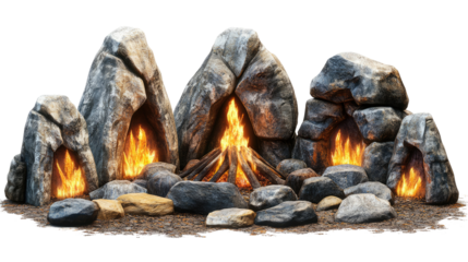 Fireplace with burning firewood, stone texture, campfire by the sea with a turtle statue, surrounded by nature and water