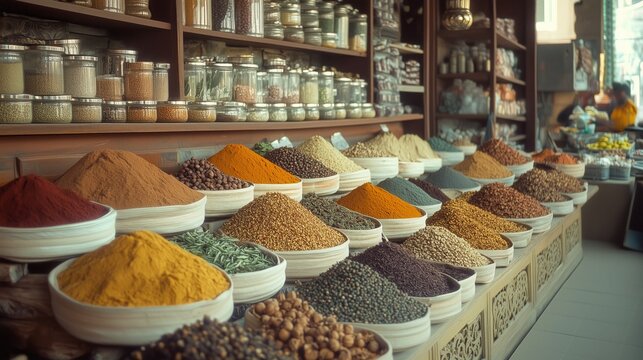 Colorful spice display in traditional market