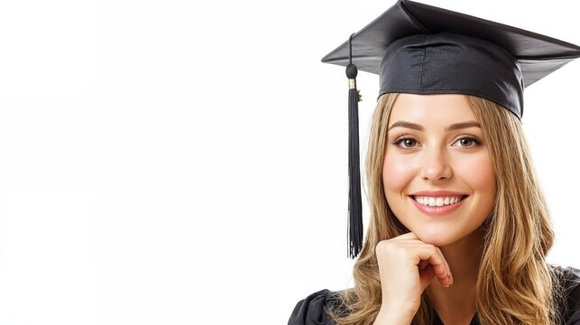 Joven graduada sonriente con birrete, irradiando felicidad y orgullo en un momento de celebraci&oacute;n acad&eacute;mica.