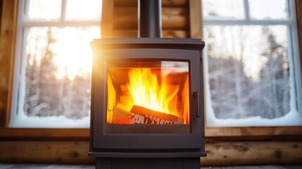 Winter Heating Solutions Concept, Warm and Cozy Rustic Wood Stove Radiating Heat in a Cabin Setting During Winter with Sunlight Streaming In