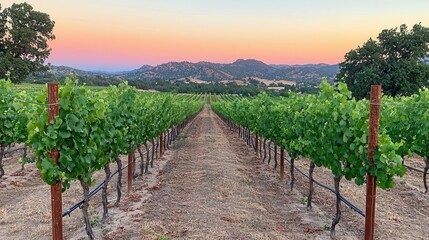 Obraz premium Serene Vineyard at Sunset Rows of Grapevines Against a Colorful Sky
