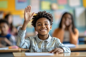 Confident Black student raising their hand to answer a question in a lively classroom, smiling teacher nodding, American student, raising hand, classroom, enthusiastic learner