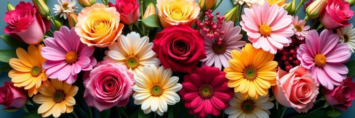 Vibrant mix of roses, lilies, and daisies in a circular arrangement , vibrant, flowers
