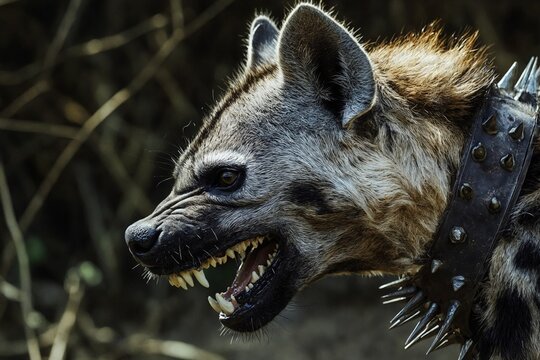 Una hiena feroz con un collar de p&uacute;as, mostrando sus afilados dientes en un entorno natural.