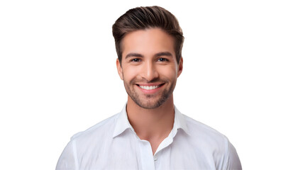 Fototapeta premium Portrait of a smiling man wearing a white shirt, isolated on transparent background
