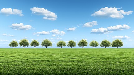 Obraz premium Ten Lush Green Trees in a Row Across a Vast Green Field Under a Blue Sky with Fluffy White Clouds