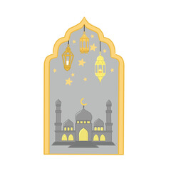 illustration of a mosque building decorated with lanterns