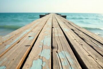 Fototapeta premium A weathered wooden seaside walkway extends towards the horizon, showcasing the beauty of aged timber and the calming ocean view.