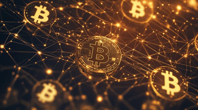 Red de criptomonedas con monedas de Bitcoin brillando en un fondo oscuro y tecnol&oacute;gico.