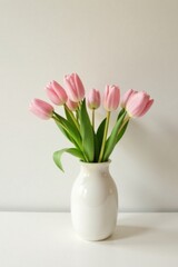 Obraz premium A bouquet of pale pink tulips arranged in a simple, elegant white vase on a minimalist surface
