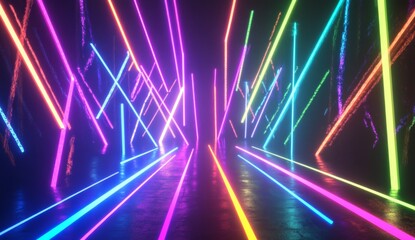 Neon light tunnel, vibrant colors, geometric lines, dark background