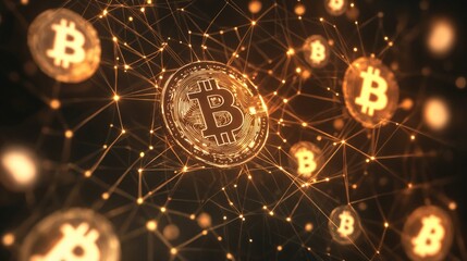 La escena muestra un fondo digital con monedas de Bitcoin conectadas por redes brillantes.