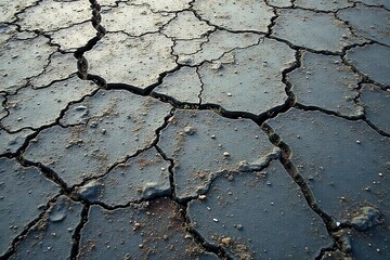 Arid Land Surface Texture Deep Cracks in Dry, Dark Soil with Sparse Vegetation