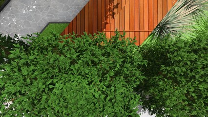 3d image of the landscape design of the home territory. Landscaping of the territory. Computer visualization of composite landscaping and landscaping solutions.