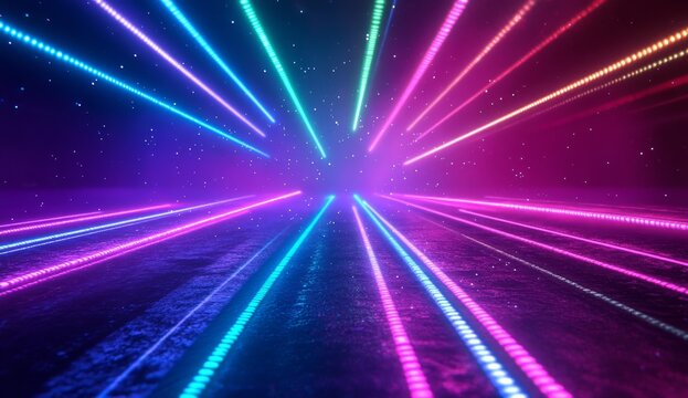 Neon light rays, dark stage, vibrant colors, starry background.  Possible use  music concert, club, party