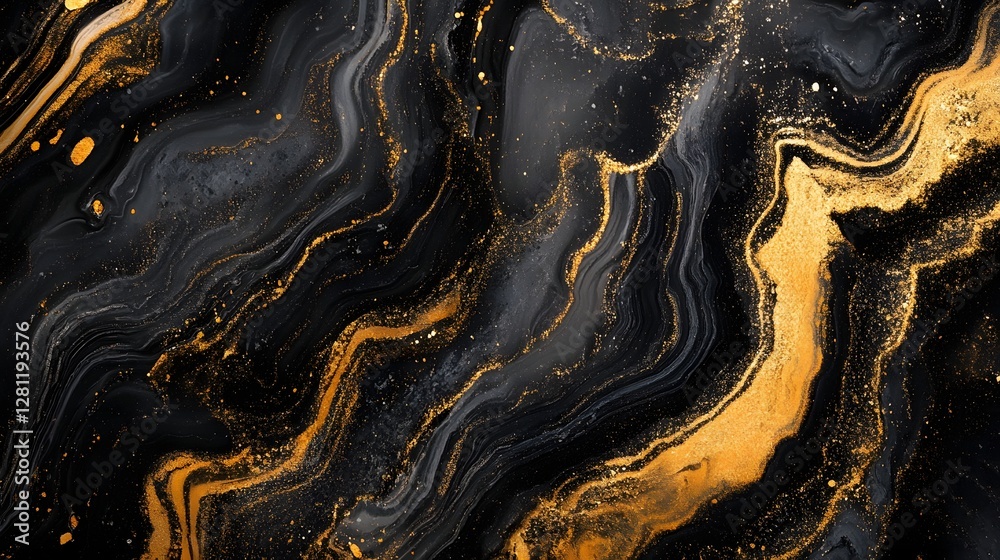 Poster Captivating abstract texture with a swirling fluid pattern featuring shimmering golden accents against a dark moody backdrop  This visually striking design creates a premium contemporary