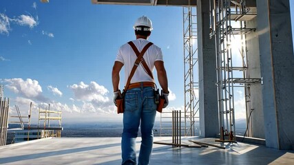 Construction Worker at Heights: A construction worker surveys the city from a towering skyscraper, wearing a hard hat and safety harness. The image conveys a sense of progress.