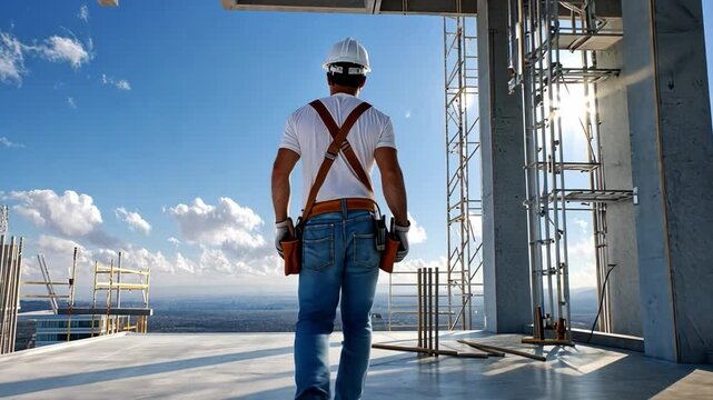 Construction Worker at Heights: A construction worker surveys the city from a towering skyscraper, wearing a hard hat and safety harness. The image conveys a sense of progress.