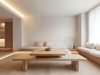 Fototapeta premium A minimalist and bright living room with Japanese style furniture