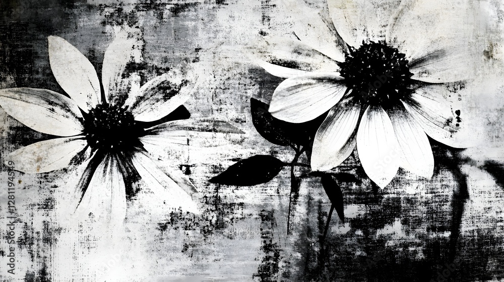 Poster captivating black and white floral abstract with ethereal atmospheric textures and a minimalist mode