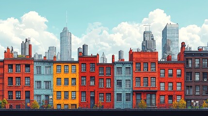 Obraz premium Colorful Cityscape Row of Vibrant Townhouses with Modern Skyscrapers in Background