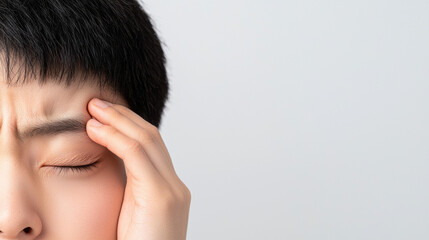 Fototapeta premium A young person is shown with a pained expression, holding their forehead, indicating stress or discomfort in a minimalist background.