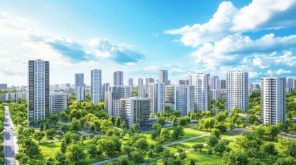 Fototapeta premium Modern city skyline with lush green parks and blue sky.