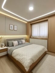 A modern bedroom features an interior with minimalist design elements
