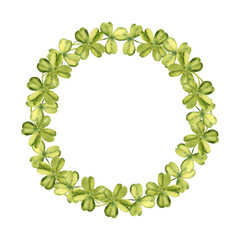 Clover Wreath, Round frame, border. Watercolor hand drawn Lucky Shamrock leaves isolated on a white background. Celtic symbol for St. Patricks day designs.