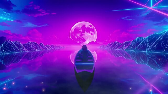 Futuristic Boat Under Neon Moon. Perfect for synthwave, retro wave, and ambient music. Seamless looping time lapse animation video background, lo-fi art.
