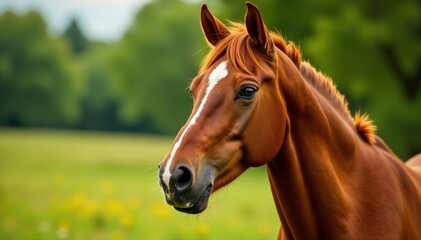 Fototapeta premium Portrait of a chestnut stallion with ears perked up and eyes focused on something in the background , focus, attentionful