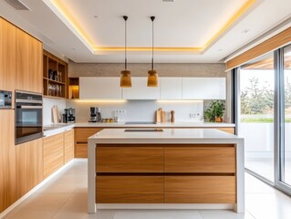 Interior design showing a modern kitchen with natural wood