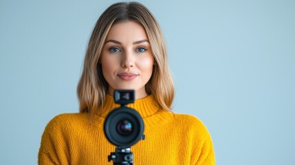 Fototapeta premium Young Woman in Yellow Sweater Holding Camera on Blue Background
