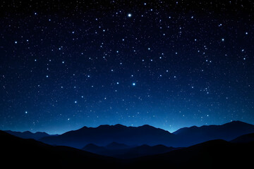 A serene night sky filled with stars over a silhouette of mountains. The main colors are deep blue and black.