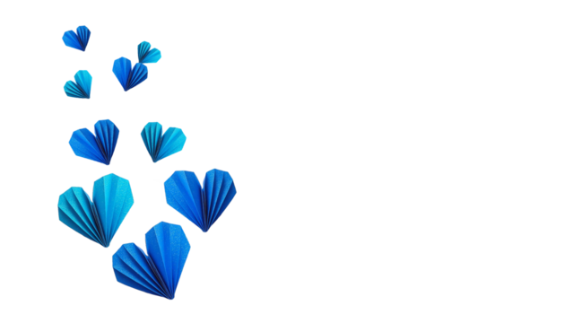 Floating Blue Heart - shaped Origami In the picture are multiple heart-shaped origami in blue tones. They are scattered and distributed on a white background, as if floating in the air. The color of t