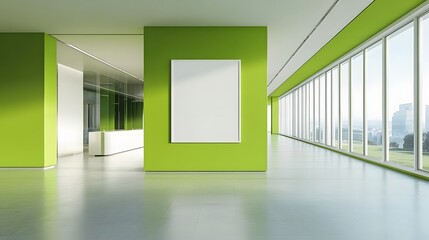 Modern empty office interior with green walls, white reception, blank poster on the wall, and glass partitions in open space. 3D Rendering,

