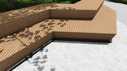 3d image of the landscape design of the home territory. Landscaping of the territory. Computer visualization of composite landscaping and landscaping solutions.