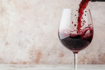 A close-up of red wine being poured into a glass, showcasing dynamic splashes against a textured backdrop.
