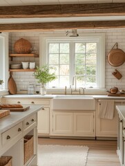 Fototapeta premium Cozy kitchen showcases a clean rustic farmhouse style kitchen design